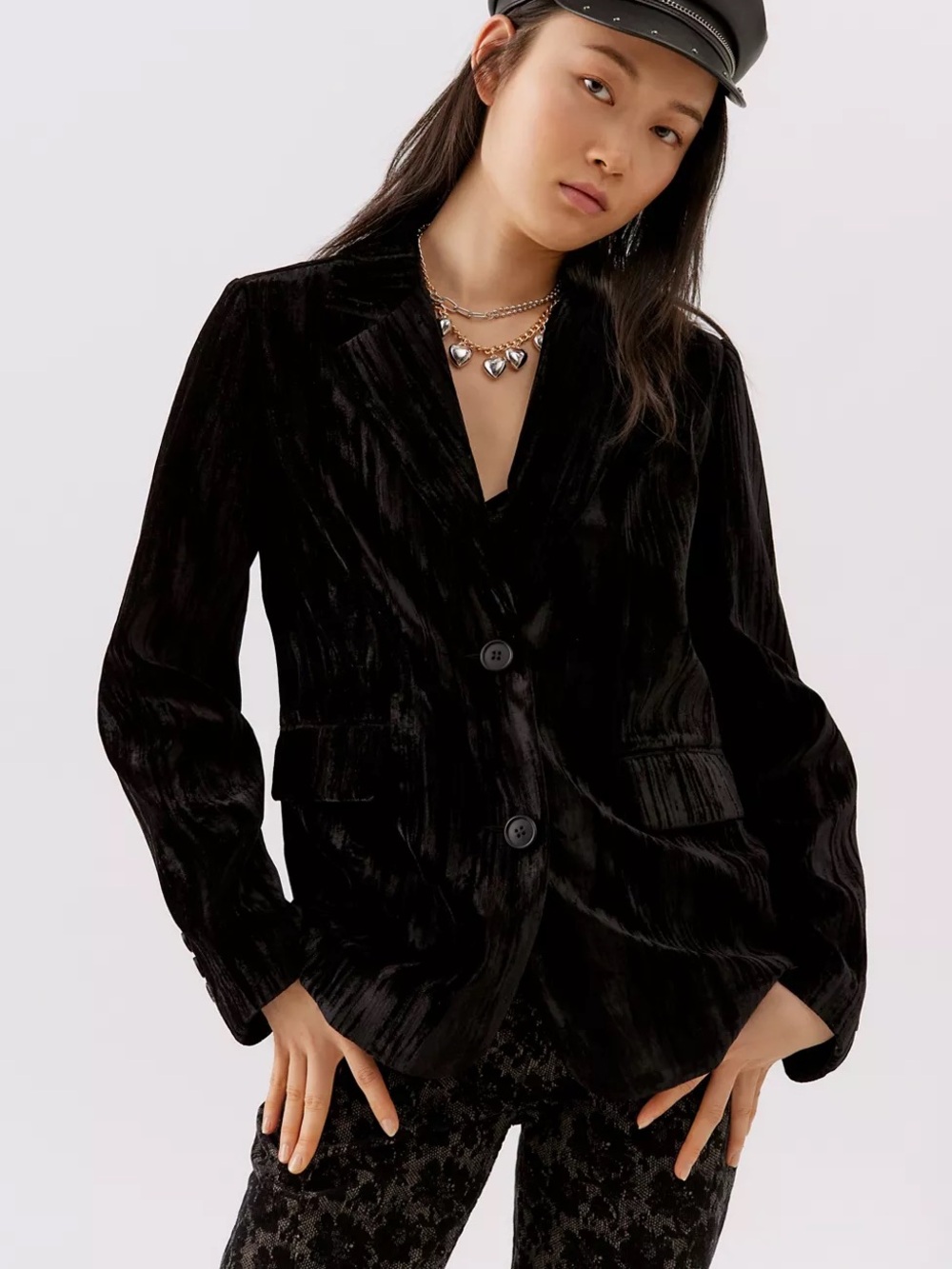 Black Velvet Single-Breasted Blazer - Women's Jacket
